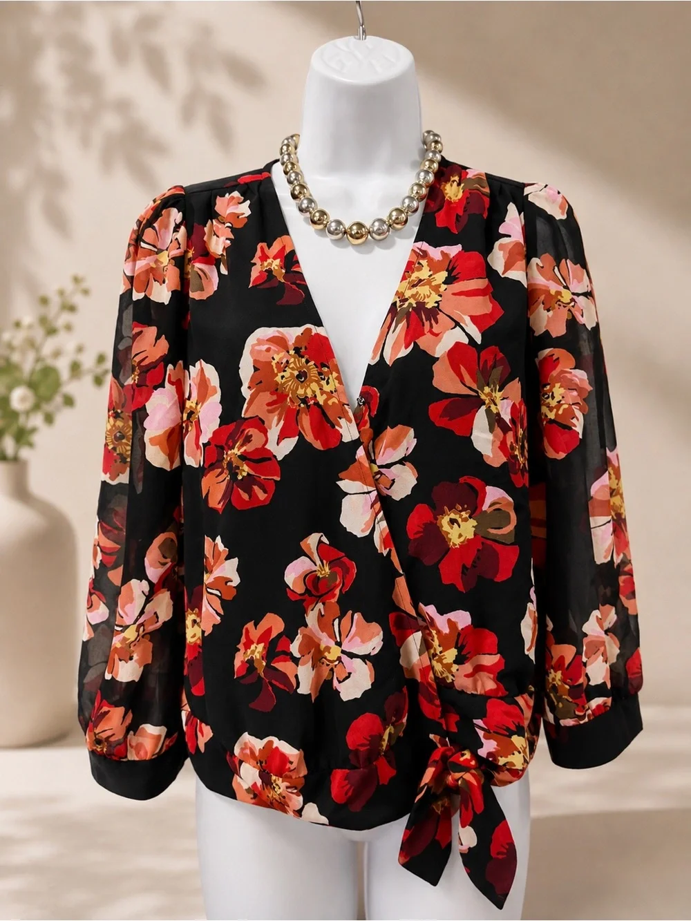 Madewell / Black Floral Wrap Blouse with Tie - Women's Top